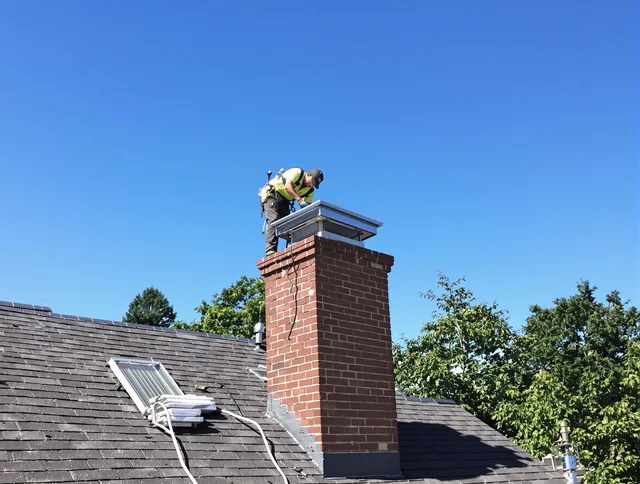Bay Village Chimney Sweep technician measuring a chimney cap in Bay Village, OH
